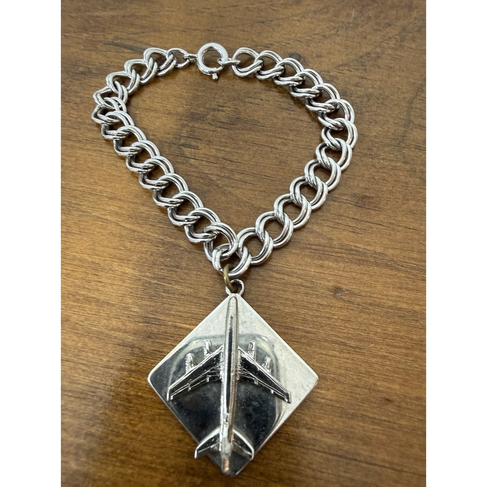Vtg Sterling Silver Chain Link Airplane Charm Boeing 747 Chunky Retro Bracelet